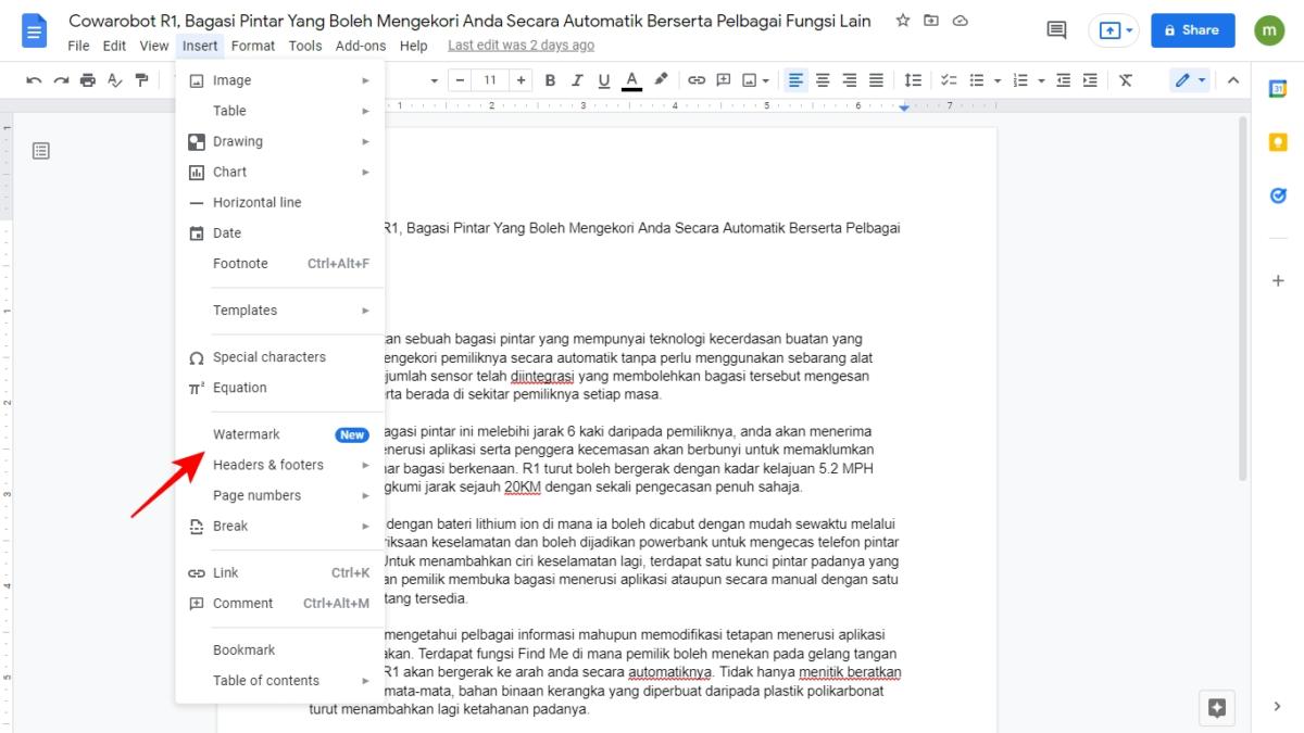 buat watermark dalam Google Docs